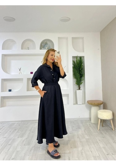 Ahes Shopping Kadın Keten Kumaş Gömlek Ve Etek Ikili Takim Siyah