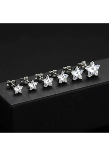 Tektaş Küpe Yıldız Model Tektaş Üçlü Set Küpe Kararmaz Çelik Silver