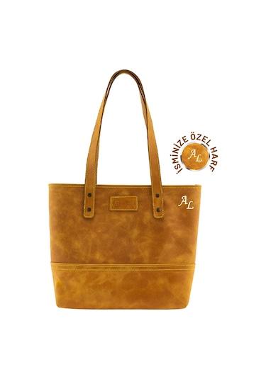 İsme Özel Tote Bag El Omuz Çantası - %100 Rainbow Deri - Ac03003 - Hardal Sarısı Hardal