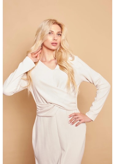 V Yaka Önü Çapraz Önden Yırtmaçlı Diz Altı Hafif Likralı Triko Elbise-şampanya Şampanya