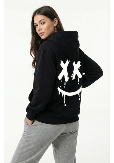 Nevermind Unisex Smile Baskılı Sevgili Kombini Oversize Hoodie Seti Siyah