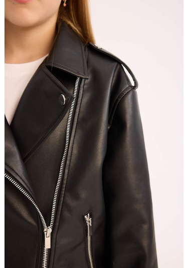 Defacto Kız Çocuk Su İtici Fermuarlı Suni Deri Ceket Mont C4976a825aubk27 Siyah