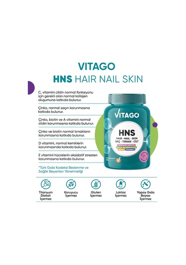 Vitago Hns Hair Nail Skin Biotin, Folik Asit, Vitamin E Ve Hidrolize Keratin İçeren 60 Adet Çiğnenebilir Gummies Form Takviye Edici Gıda