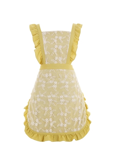 Kadınlar İçin Cepli Vintage Önlük Önlük Elbise Sevimli Çiçekli Che Lime Sarısı, Diğer