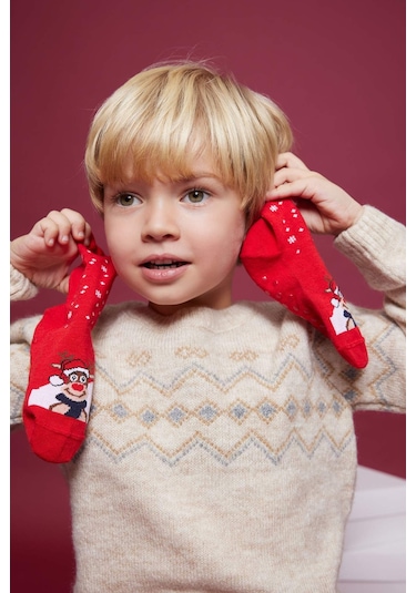 DeFacto Erkek Bebek Yılbaşı Temalı Kaydırmaz Taban 3'lü Pamuklu Uzun Çorap B6307A5NSKR1