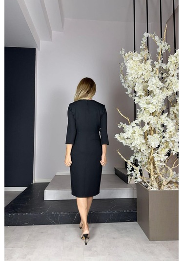 G1158 Yaka Detaylı Kalem Elbise Siyah Siyah