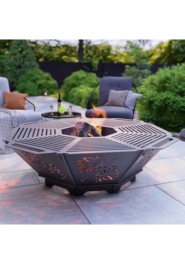 Oktagon Ateş Çukuru Izgaralı Sekizgen Barbekü Bahçenize Dekoratif Siyah