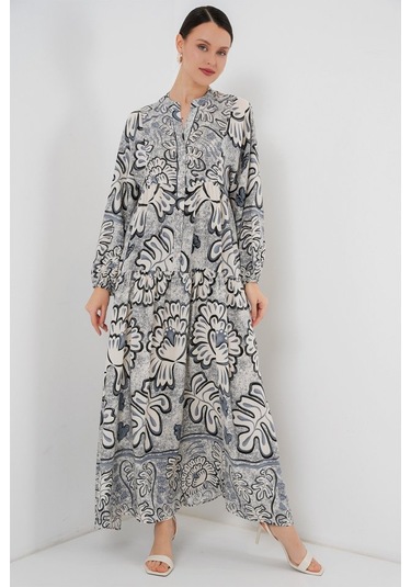 2423 Otantik Desenli Tesettür Elbise - K. Antrasit S