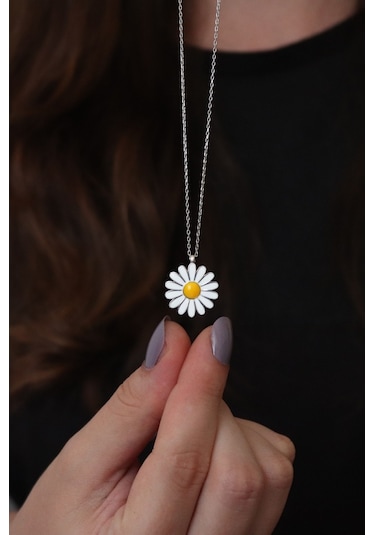 Kadın Papatya Tasarım Mineli 925 Ayar Gümüş Kolye