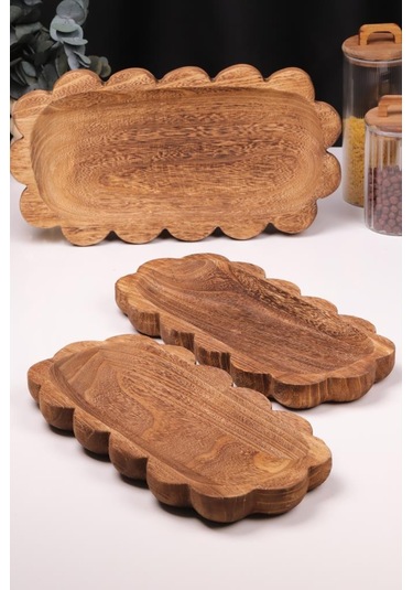 Bambum 3 Parça Pavlonya Noir Dalgalı Kenar Ahşap Sunum Seti Yuvarlak Ve Dikdörtgen Ayaklı Servis Tabaklar Ahşap