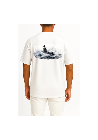 Bahriyeli Collection Oversize Tcg Pirireis Dalgalar Arası Cep Ve Sırt Baskılı Unisex T-shirt Beyaz