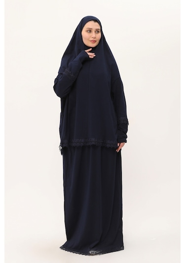 Lacivert İki Parça Namaz Elbisesi Pamuk Kumaş Dantelli 2205 02 Lacivert