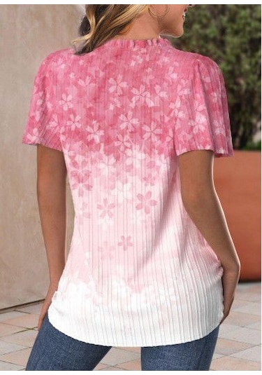 Kadın Kısa Kollu V Yakalı Düğmeli Çiçek Baskılı Pamuk Bluz Pembe