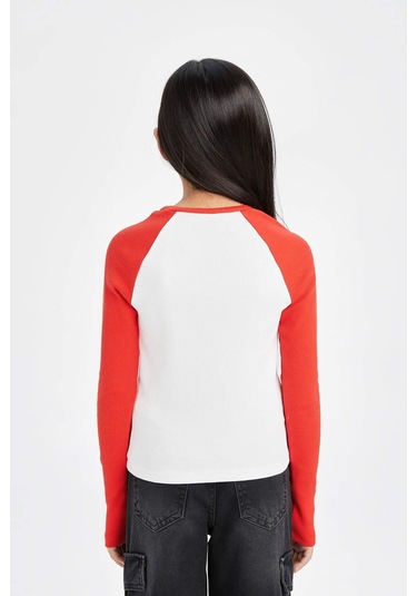 DeFacto Kız Çocuk Bisiklet Yaka Sayı Desenli Fitilli Kaşkorse Uzun Kollu Tişört D6499A8NSWT34 Beyaz