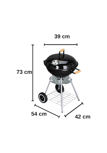 Yuvarlak Kömürlü Mangal Ahşap Kulplu Tekerlekli Mangal 44 Cm