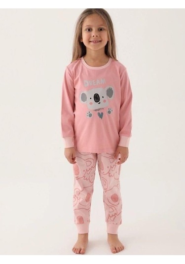 Kız Çocuk Koala Baskılı Uzun Kollu Pijama Takımı-16035 Pembe