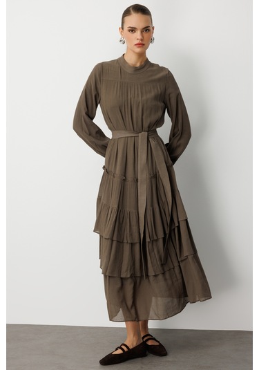 Mizalle Kat Pileli Maksi Haki Elbise Haki