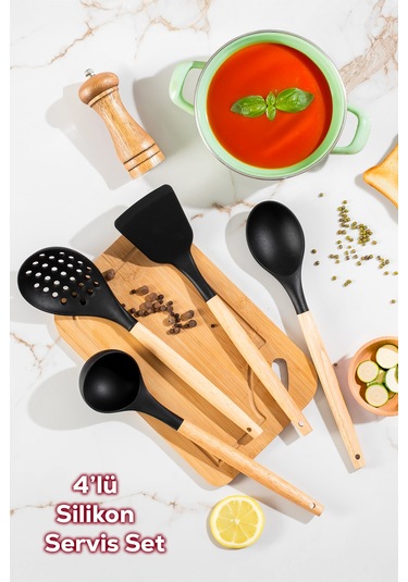 Porsima 3168 Ahşap Silikon 4 Parça Servis Takımı Seti Siyah Siyah