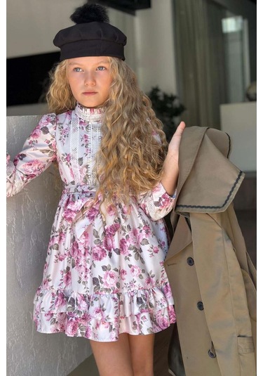 Riccotarz Kız Çocuk Üzeri Dantel İşlemeli Elbise Çift Cep Detaylı Kemerli Yeşil Trençkot Yeşil