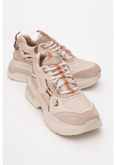 Marron Bej Desenli Kadın Spor Sneakers Bej