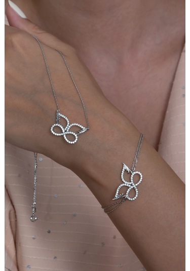 Kanatlı Sonsuzluk Gümüş Kolye Bileklik Seti Hediyelik Ykl33S