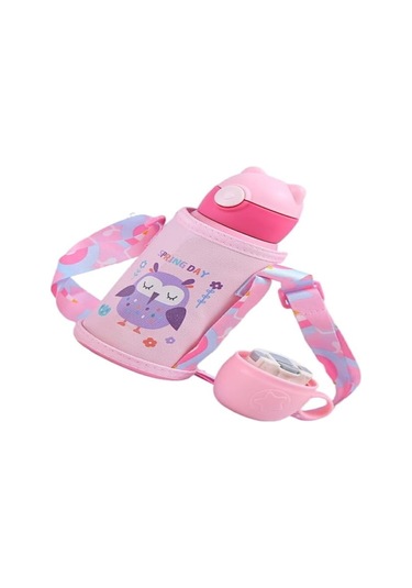 Moveevo Kız Çocuk 316 Paslanmaz Çelik Isı Saklama Şişesi - Ayı Baskılı Pembe Karyola Su Bardağı Gri