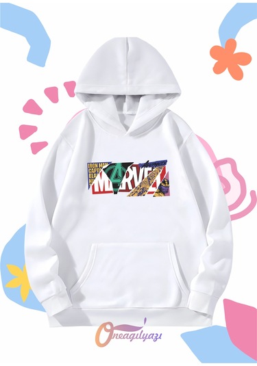 Çocuk Unisex Marvel Baskılı Oversize Kapüşönlü Sweatshirt BEYAZ