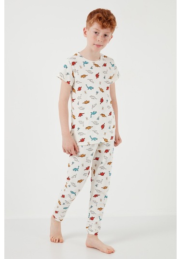 Lela Desenli % 100 Pamuk Bisiklet Yaka Erkek Çocuk Pijama Takımı 6651001 Ekru-Kırmızı