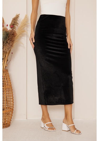 Kadın Siyah Kadife Maxi Boy Etek Dm2026 Siyah