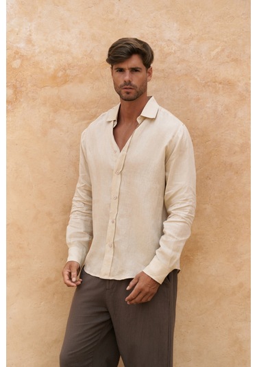 Mai Collection Mai Studios Co. Agnola Oversize Erkek Taş Keten Gömlek Taş