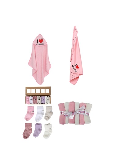 Yenidoğan Bebek Havlu Penye Battaniye Ağız Mendili Çorap 4'lü Set Pembe