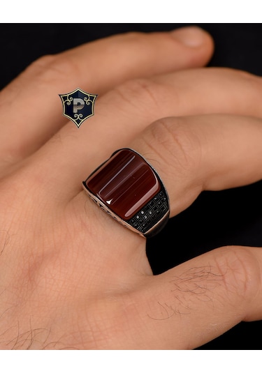 Prestij Gümüş 925 Ayar Gümüş Akik Taşlı Zirkon Taş Süslemeli Erkek Yüzüğü