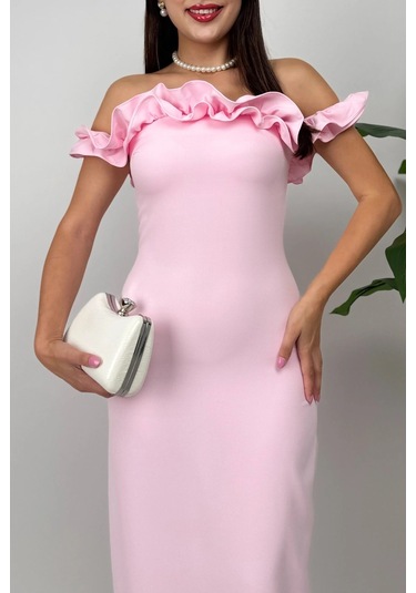 Arlina Madonna Yaka Göğüs Büzgülü Uzun Pembe Abiye Elbise Pembe