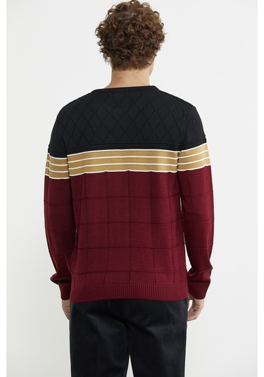 Blok Desen Sıfır Yaka Triko Kazak - Bordo 001