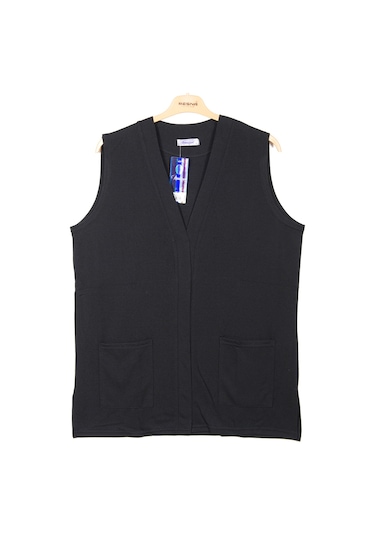 Hesna Kadın Buğra Cepli Düğmesiz Siyah Yelek Siyah