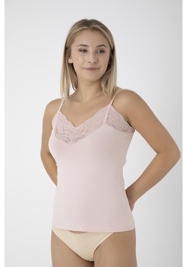 Kadın Likralı İnce Askı Dantelli Pembe Atlet C9t0n0o108 001