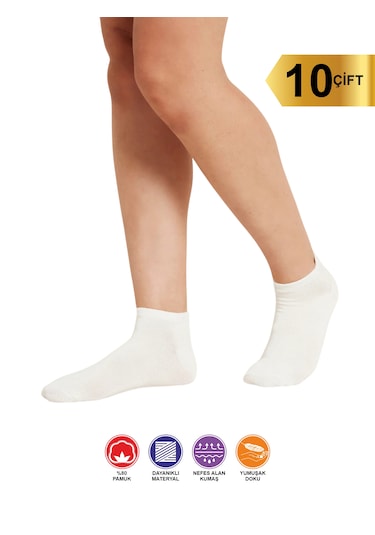 10 Çift Yazlık Terletmez Desensiz Düz Sade Kadın Patik Pamuk Beya Beyaz