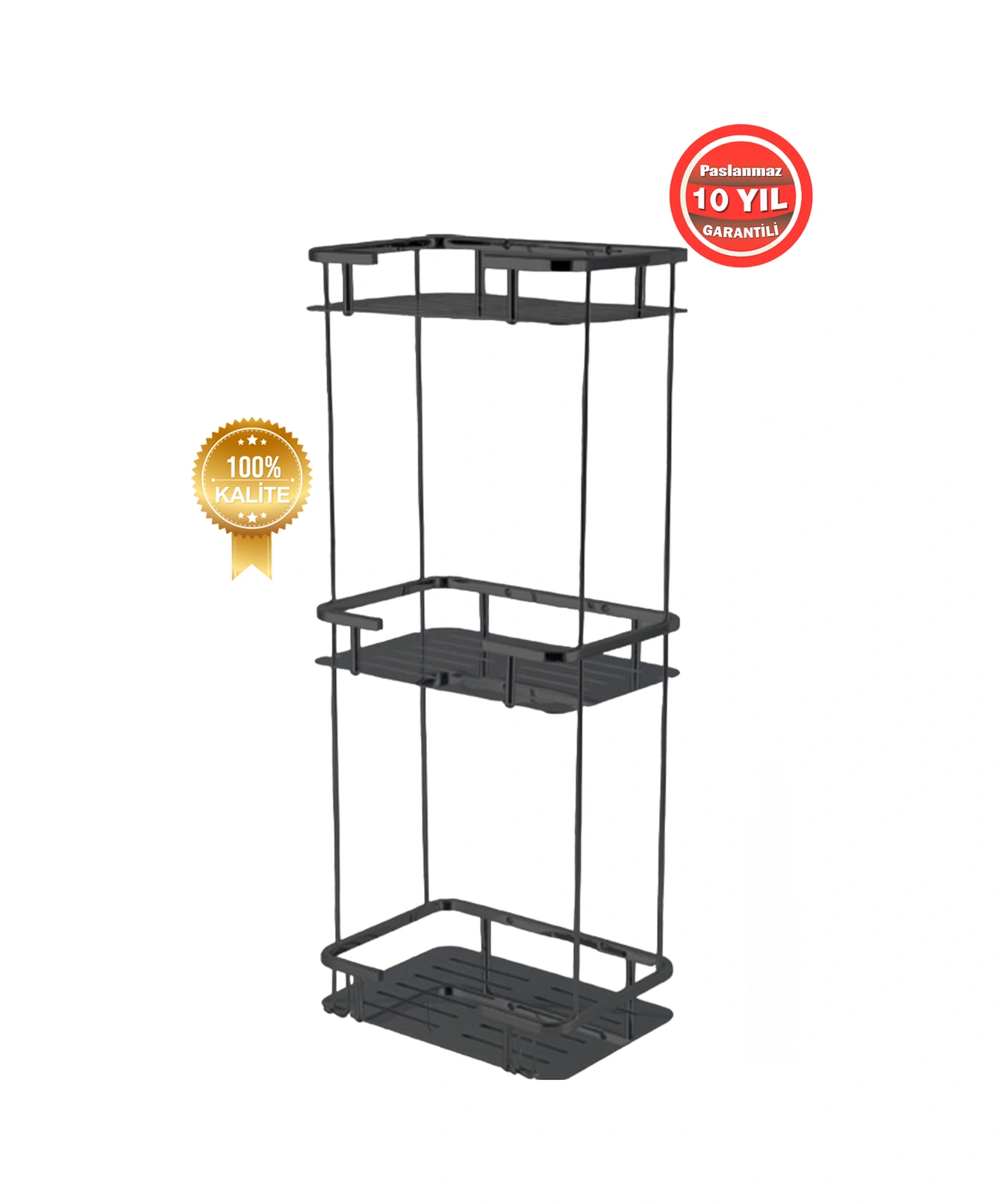 Çelik Banyo Paslanmaz Pirinç Mat Siyah Lidya 3'lü 15x22 Cm Şampuanlık Banyo Rafı Siyah