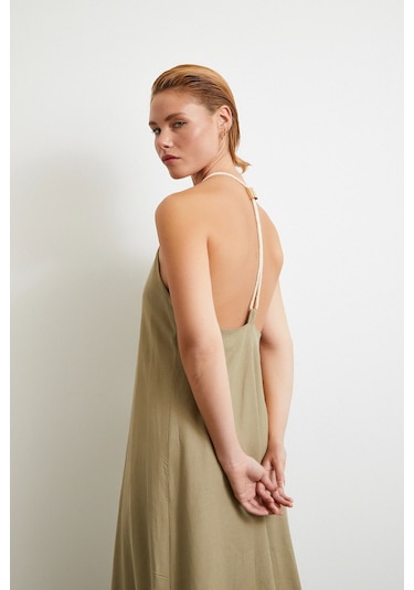 İp Askılı Keten Elbise Haki Haki