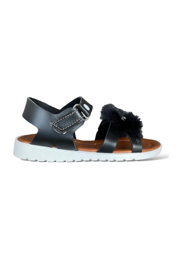 Cırtlı Peluş Fiyonklu Kız Çocuk Sandalet Siyah-siyah Siyah