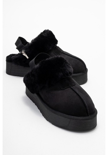 Olessa Siyah Hakiki Deri Süet Kadın Kürklü Terlik Siyah