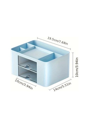 Sunshine011 Mavi 2 Çekmeceli Masaüstü Organizer, Kalem Ve Kozmetik Depolama Kutusu Mavi
