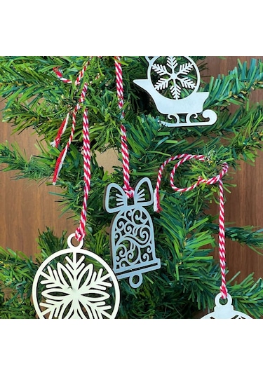 10 Parça Kırmızı Beyaz İpli Karışık Model Ahşap Yılbaşı Ağaç Süsü 4832