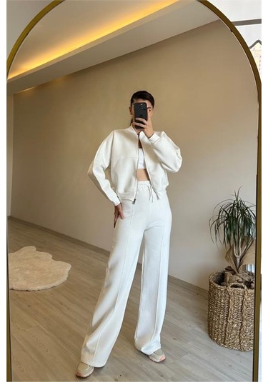 Neşeli Butik Kadın Fermuarlı Oversize Sweat Ve Yüksek Bel Eşofman Takımı Nm018 Ekru