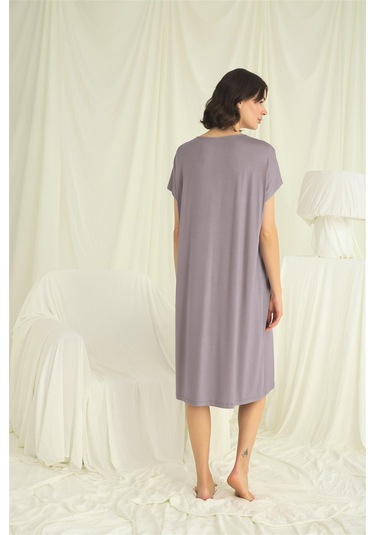 Monamise Kadın Yakası Dantelli Kısa Kollu Gecelik 18640 Gri