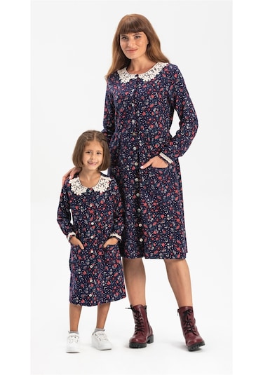 Uzun Kol Asya Yakalı Çocuk Pazen Elbise Çiçek Desen Lacivert Lcvt Lacivert