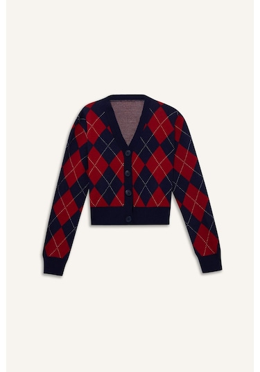 Defacto Coool Fitted V Yaka Baklava Desenli Düğmeli Hırka F9566ax25wnnv241 Lacivert