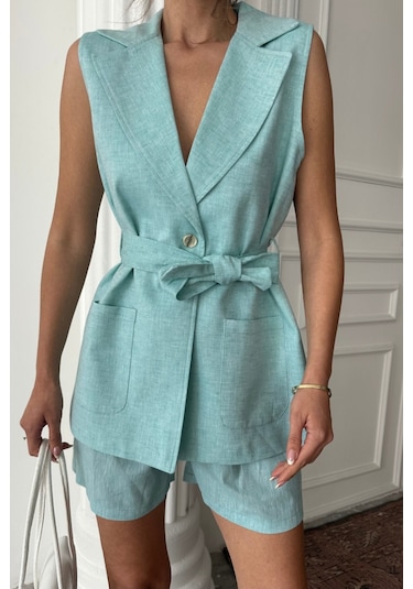 Moderie Butik Keten Yelek - Şort Takım - Mint Mint