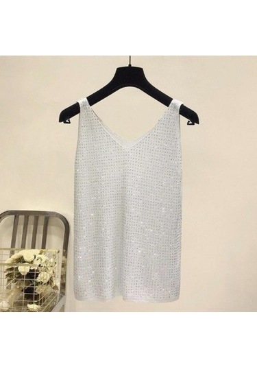 Beyaz Kadın Buz Ipek Elmas Kaşkorse Kadın Gevşek Kısa Kolsuz Vahşi V Yaka Dibe Gömlek Tankı Yaz Camiş Ve Tank Üstleri