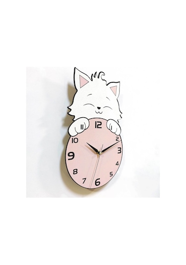 CajuArt Saat Arkasından Bakan Sevimli Kedi Çocuk Odası Duvar Saati Pembe